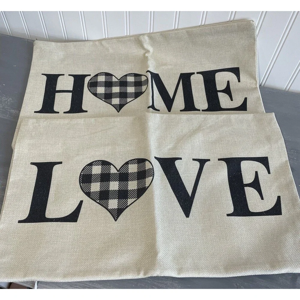 Canvas‎ 2pc Zip Throw Pillow Cover LOVE & HOME  19x12 Tan and Black Plaid Heart